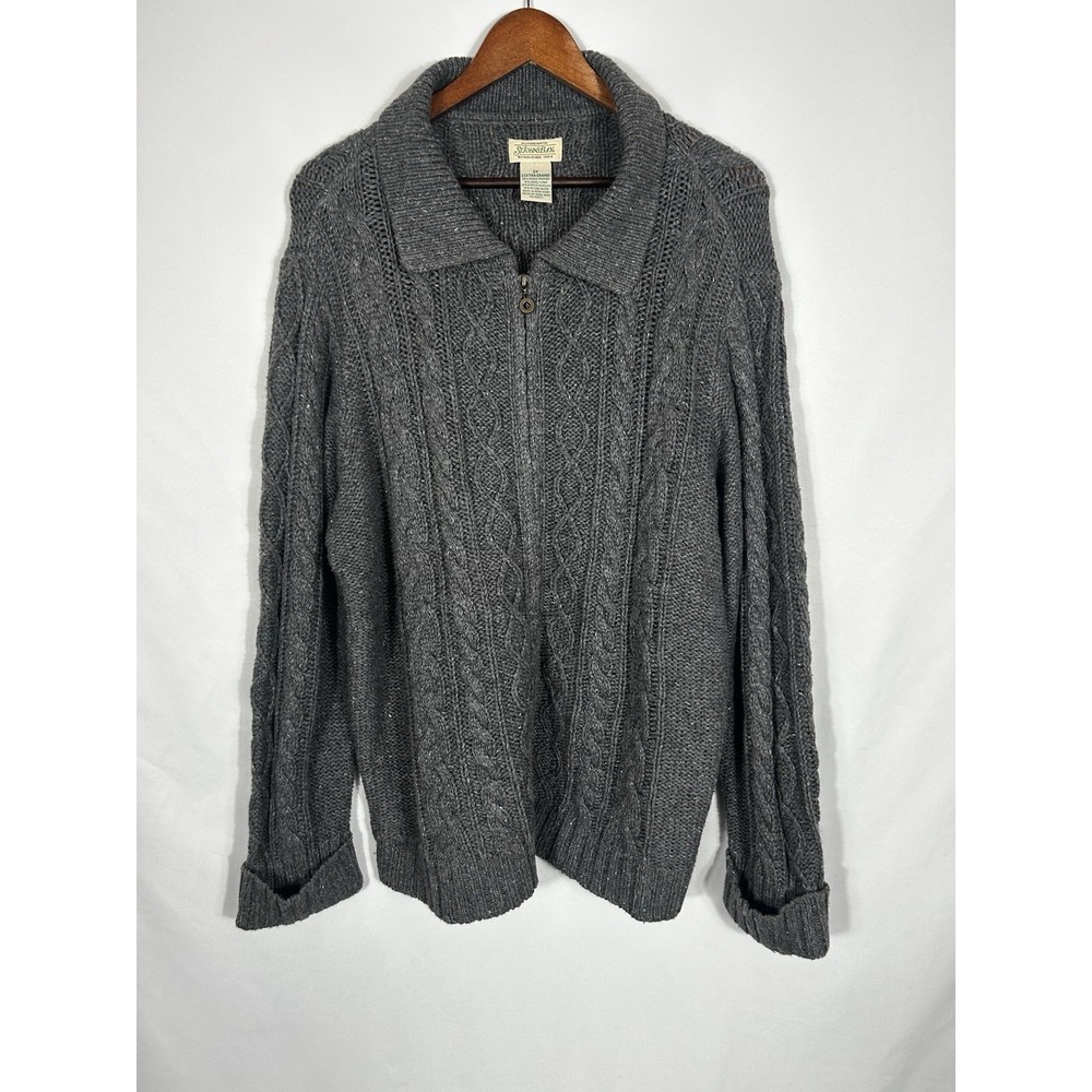 Vintage 90s Cable Knit Full Zip Cardigan Fisherman Sweater Womens 2X Wool Ramie